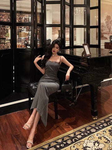 Sheath Spaghetti Straps Pleated Gray Prom Dresses Birthday Outfits Evening Gown SD805